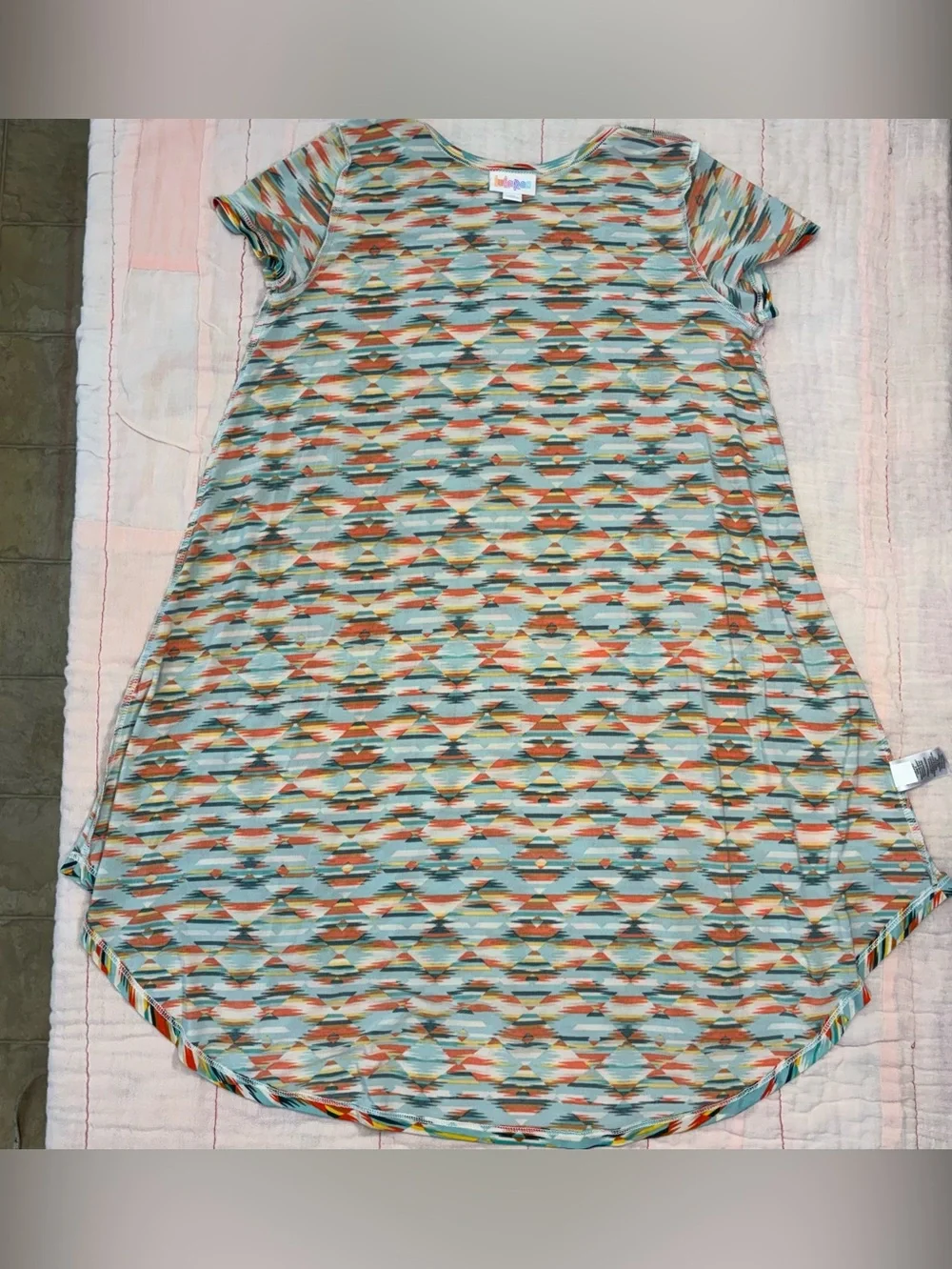 EUC LuLaRoe Girls Scarlett Dress, Sz 12, Aztec Design - Teal, Orange, Yellow - Picture 12 of 13